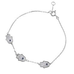 925 Sterling Silver Rhodium Plated Hamsa Hand CZ Bracelet