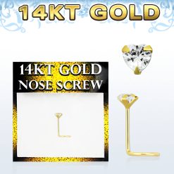 14 karat gold nose screw. 22g/0.6mm with a 3mm heart shape prong setting cubic zirconia gem
