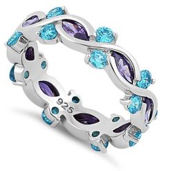 925 Sterling Silver Eternity Marquise Round Dark Violet & Aqua CZ Ring