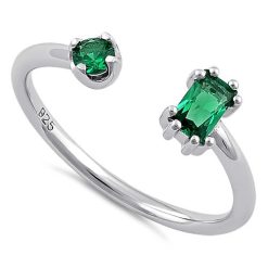 925 Sterling Silver Round & Emerald Cut Emerald CZ Ring