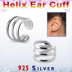 925 Sterling silver helix clip-on ear cuff with three rings.