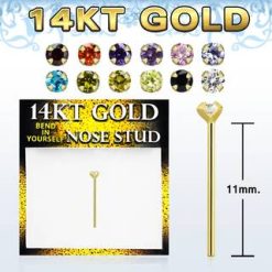 14 Karat Gold Self Bending Nose Stud With 1.5mm CZ Stone 22g/0.6mm