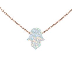 925 Sterling Silver Rose Gold Plated White Opal Hamsa Symbol Pendant Necklace