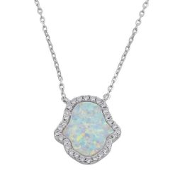 Alternative view of Sterling Silver Clear CZ and White Opal Hamsa Necklace