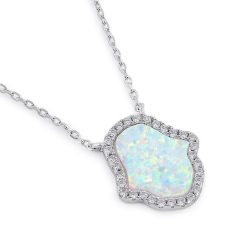 Sterling Silver Clear CZ and White Opal Hamsa Necklace