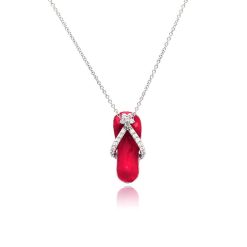 925 Sterling Silver Clear CZ Rhodium Plated Pink Flip Flop Pendant Necklace