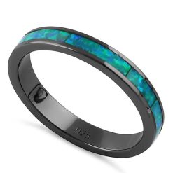 925 Sterling Silver Black Rhodium Plated Seamless Green Lab Opal Ring