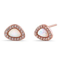 925 Sterling Silver Small Rose Gold White Lab Opal & Clear CZ Offset Stud Earrings