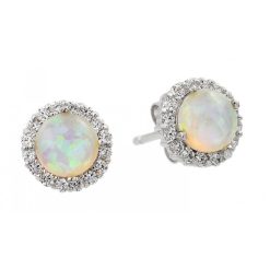 925 Sterling Silver Rhodium Plated Round Opal Stud with Paved CZ Outline Earrings