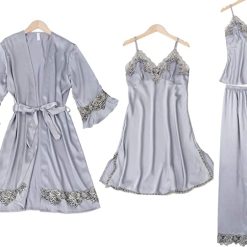 4 Piece Silk Satin Sleepwear Pajamas Set