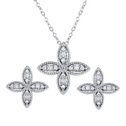 925 Sterling Silver Four Petal Flower Necklace and Earrings Set