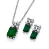 925 Sterling Silver Rhodium Plated Clear Round Green Rectangle CZ Stud Earring and Necklace Set