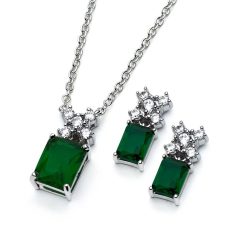925 Sterling Silver Rhodium Plated Clear Round Green Rectangle CZ Stud Earring and Necklace Set