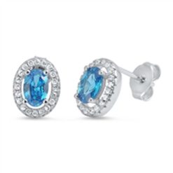 925 Sterling Silver Oval Shape With Blue Topaz And CZ Earrings