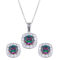 925 Sterling Silver Rhodium Plated Halo Synthetic Mystic Topaz CZ Set
