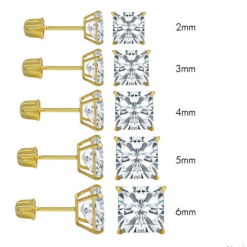 10 Karat Yellow Gold Princess Cut  Stud Earring With Screw Back