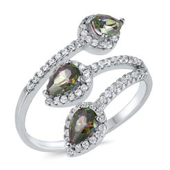 925 Sterling Silver Rhodium Plated Three Pears Rainbow Topaz And Cubic Zirconia Ring