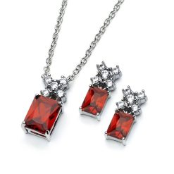 925 Sterling Silver Rhodium Plated Clear Round Red Rectangle CZ Stud Earring and Necklace Set