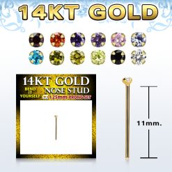 14 Karat Gold Self Bending Nose Stud 22g/0.6mm With A Tiny 1.25mm Round Prong Setting Color Cubic Zirconia