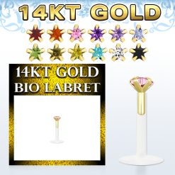 Clear PTFE flexi Labret lip ring With a 14karat gold threadless push in top with 3mm prong setting cubic zirconia in star shape