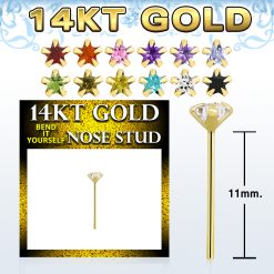 14karat Gold Self Bending Nose Stud 22g/0.6mm with 3mm star shaped prong setting Cubic zirconia