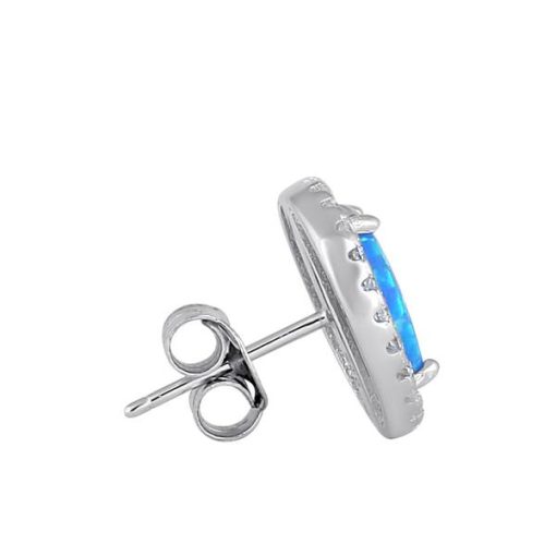 925 Sterling Silver Blue Lab Opal & Clear CZ Oval Stud Earrings - Image 3
