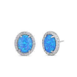 925 Sterling Silver Blue Lab Opal & Clear CZ Oval Stud Earrings