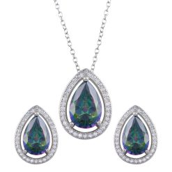 925 Sterling Silver Rhodium Plated Halo Teardrop Synthetic Mystic Topaz CZ Set
