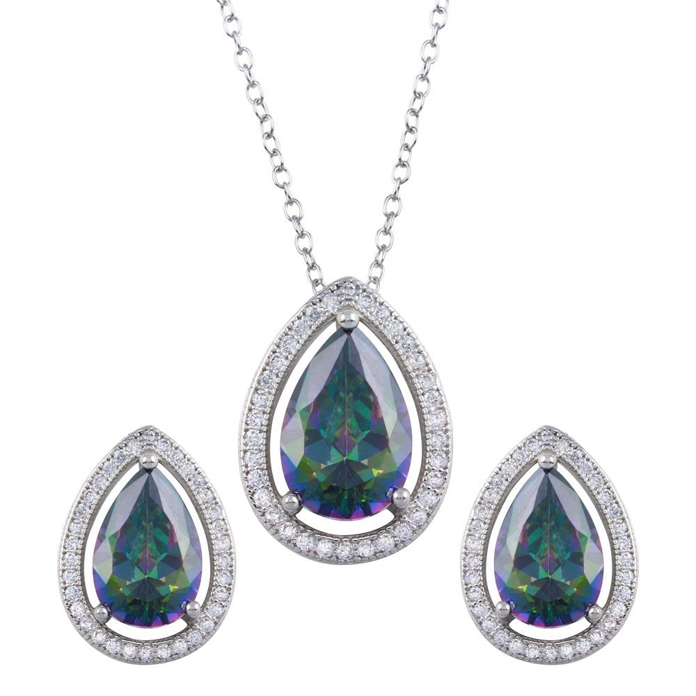 925 Sterling Silver Rhodium Plated Halo Teardrop Synthetic Mystic Topaz CZ Set