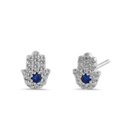 925 Sterling Silver Petite Hamsa Round Sapphire Clear Cut CZ Earrings
