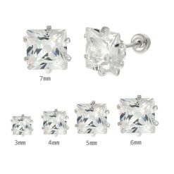 925 Sterling Silver Square CZ Stud Earrings With Screw Back