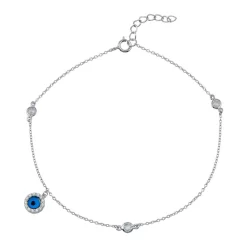 925 Sterling Silver Rhodium Plated Evil Eye CZ Link Anklet