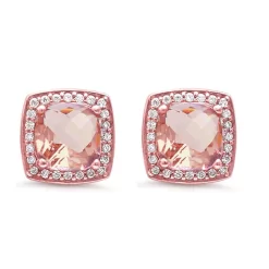 925 Sterling Silver Rose Gold Plated Casting Square Princess Cut Halo Morganite Earrings
