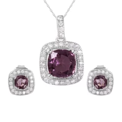 Sterling Silver Rhodium Plated Purple Square Pendant And Earring CZ Set