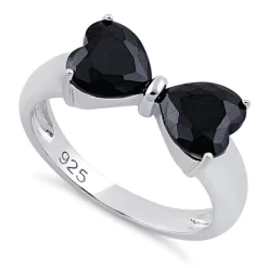 925 Sterling Silver Bow Heart Cut Black CZ Ring