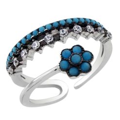Sterling Silver Blue, White And Black Stone Rhodium Plating Adjustable CZ Ring