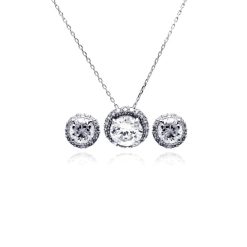 925 Sterling Silver Rhodium Plated Clear Round Circle CZ Stud Earring and Necklace Set