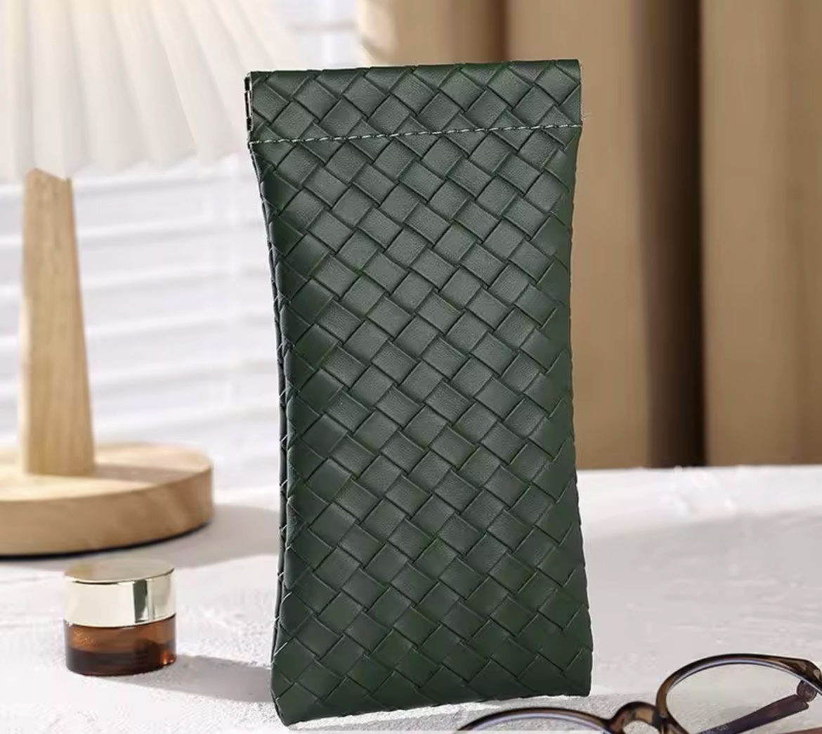 Simple Woven Leather Glasses Case Green