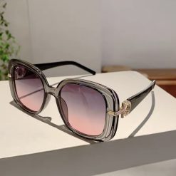 Gray-Gray-Pink Oversized Sunglasses With Gold Details