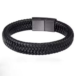 Black Leather Bracelet With Magnetic Closure 20cm