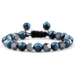 8mm Black Hematite And Blue Tiger Eye Adjustable Bead Bracelet