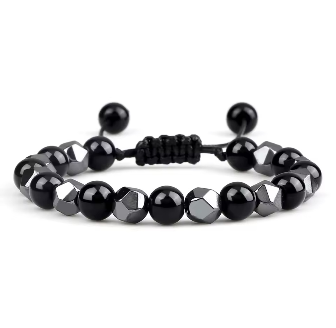 8mm Black And Onyx Hematite Adjustable Bead Bracelet