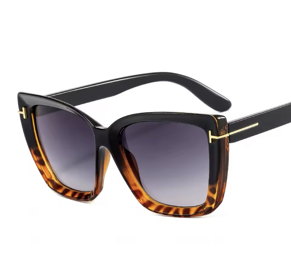 Black & Leopard/Grey Cat Eye Oversized Sunglasses