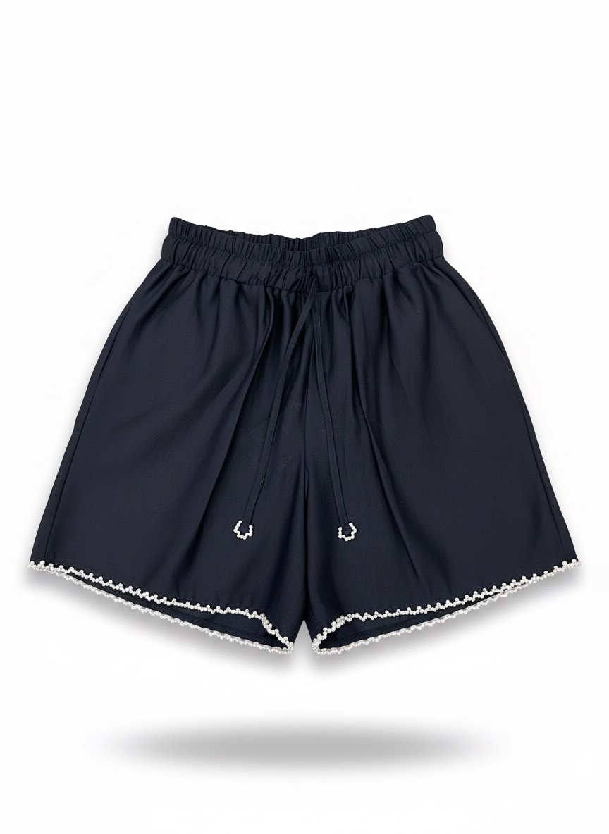 Black Hand Beaded Pearl Trim Linen Shorts