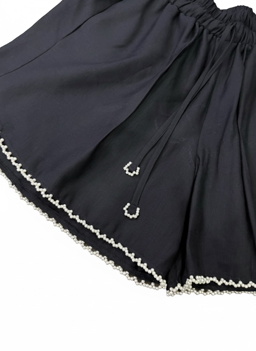 Black Hand Beaded Pearl Trim Linen Shorts - Image 2