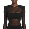 Black Mesh Long-sleeve Top With Shoulder Pads And Crop Tube Inner