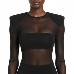 Black Mesh Long-sleeve Top With Shoulder Pads And Crop Tube Inner