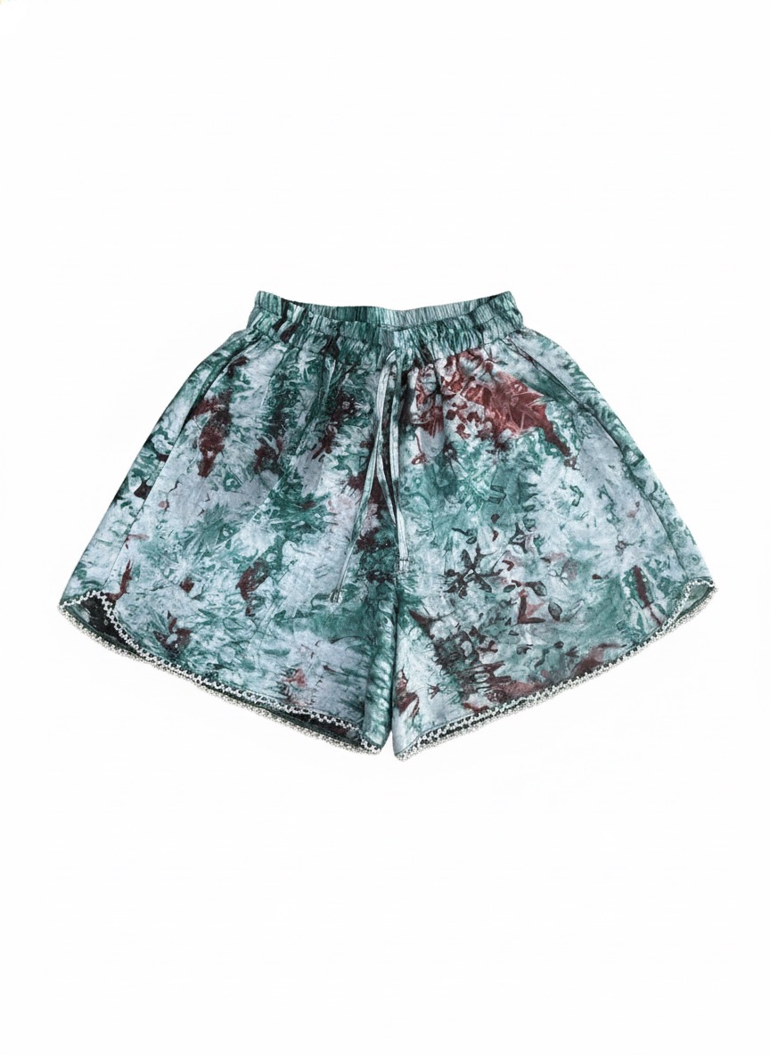 Tie & Die Hand Beaded Pearl Trim Linen Shorts