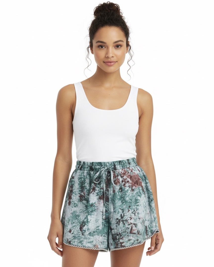Tie & Die Hand Beaded Pearl Trim Linen Shorts - Image 2