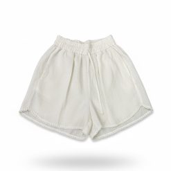 Off White Hand Beaded Pearl Trim Linen Shorts